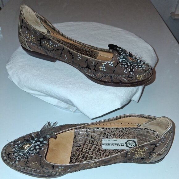 Vintage El Vaquero Brown Black Bronze Metallic Feather Flats Italy 8 size 39 - Picture 2 of 7
